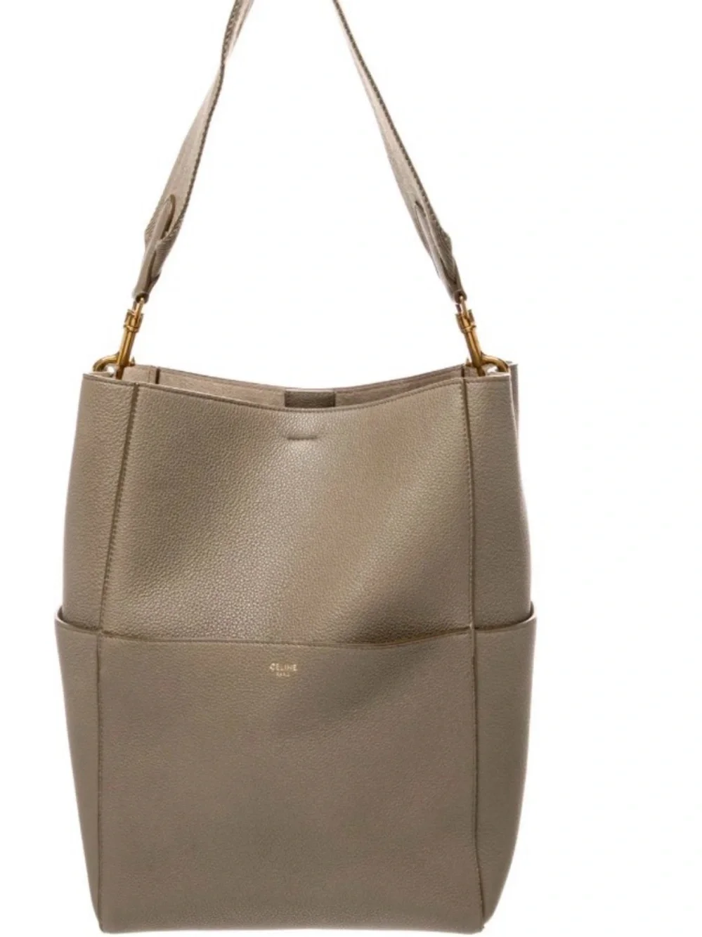Authentic Celine Medium Sangle Bucket Bag in Grained Calfskin (Taupe)